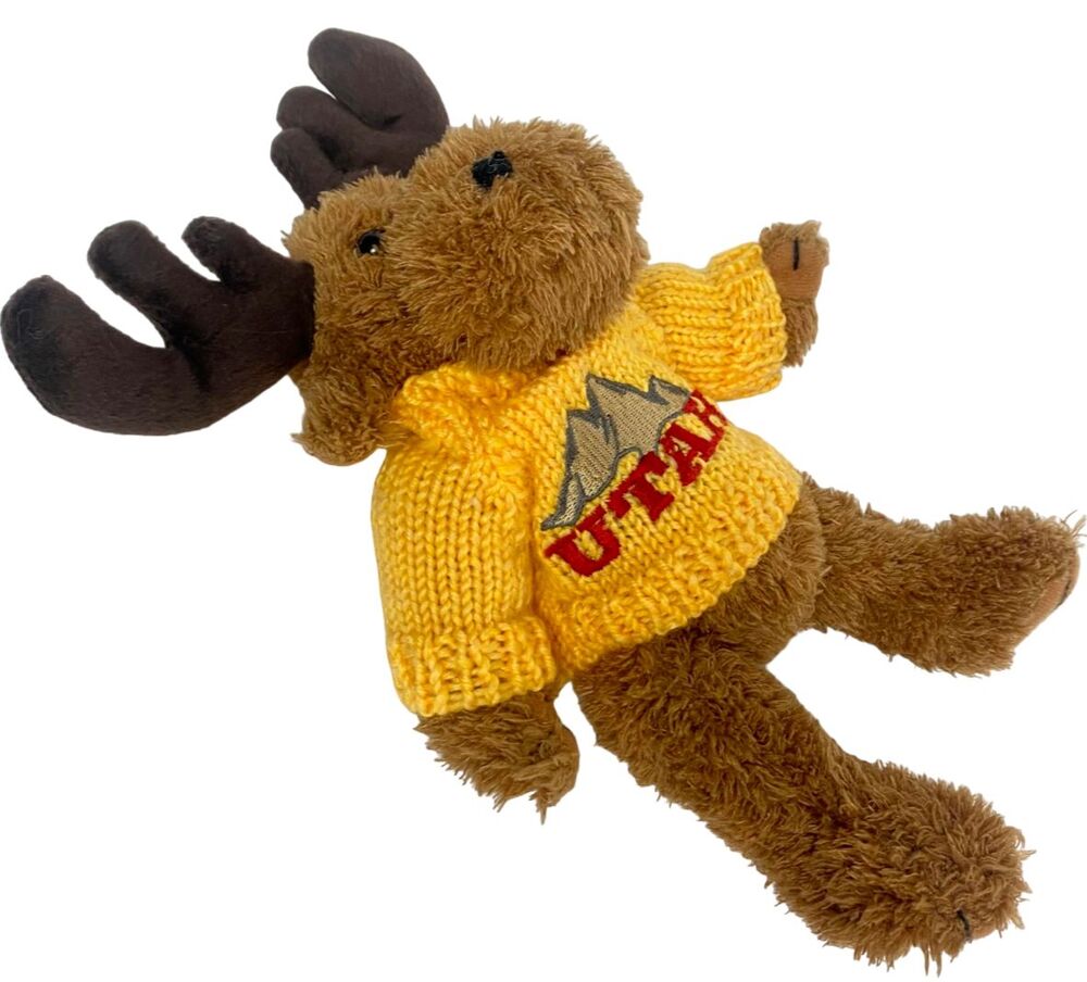 Brown Moose Wearing A Yellow Knitted Utah Sweater Plush Stuffed Animal Gift Toy